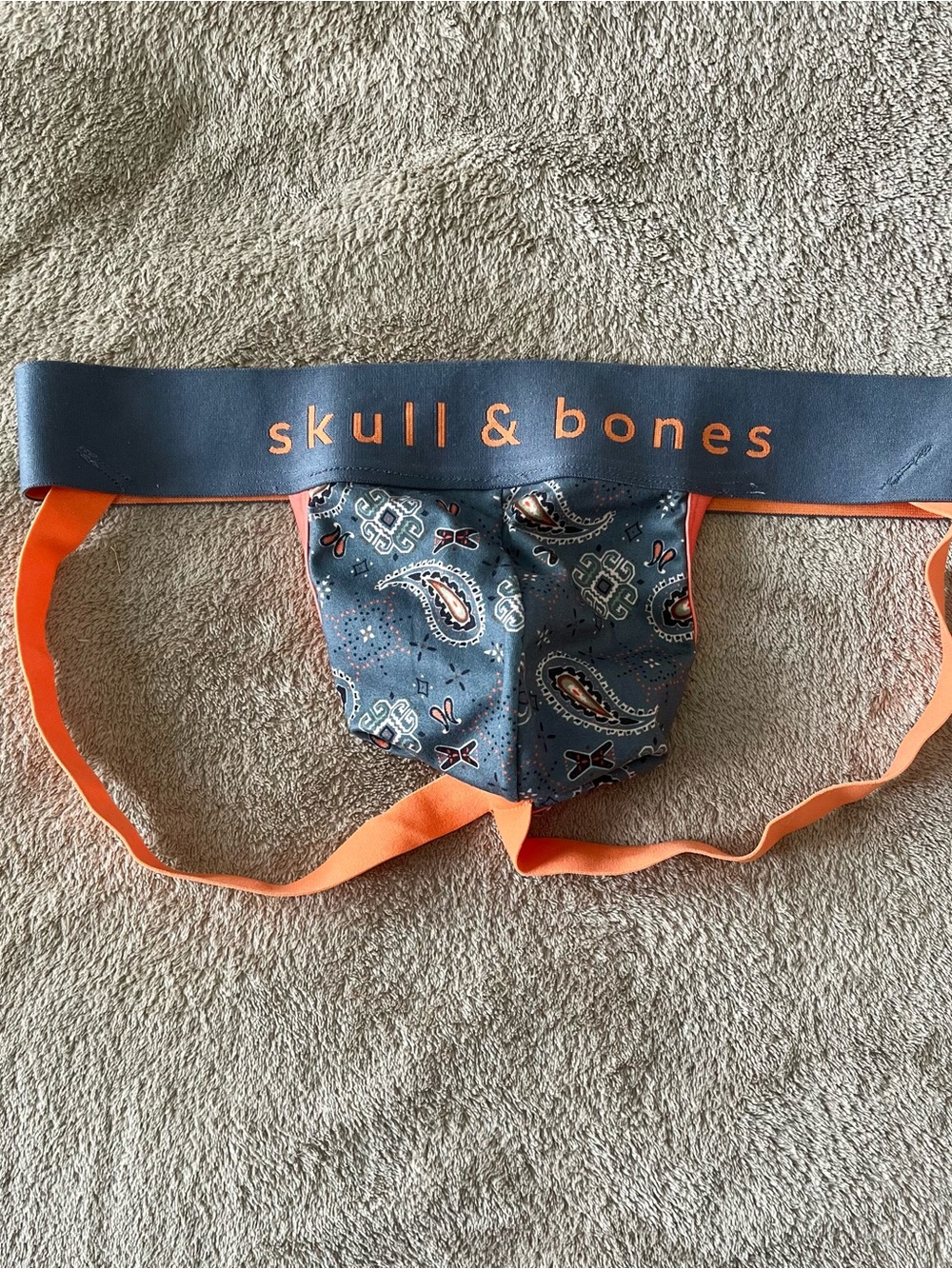 Skull & Bones Men’s Gray Paisley Jockstrap with Orange Trim